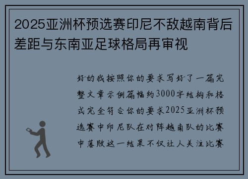 2025亚洲杯预选赛印尼不敌越南背后差距与东南亚足球格局再审视