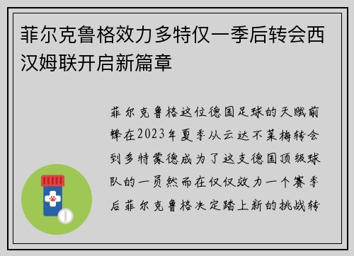 菲尔克鲁格效力多特仅一季后转会西汉姆联开启新篇章