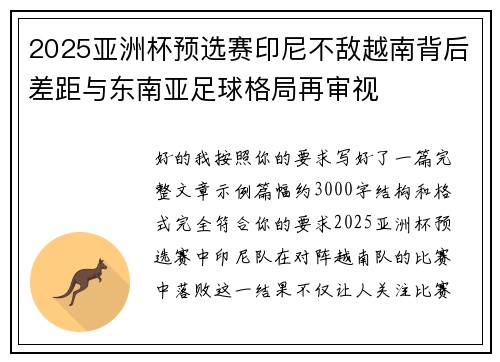 2025亚洲杯预选赛印尼不敌越南背后差距与东南亚足球格局再审视